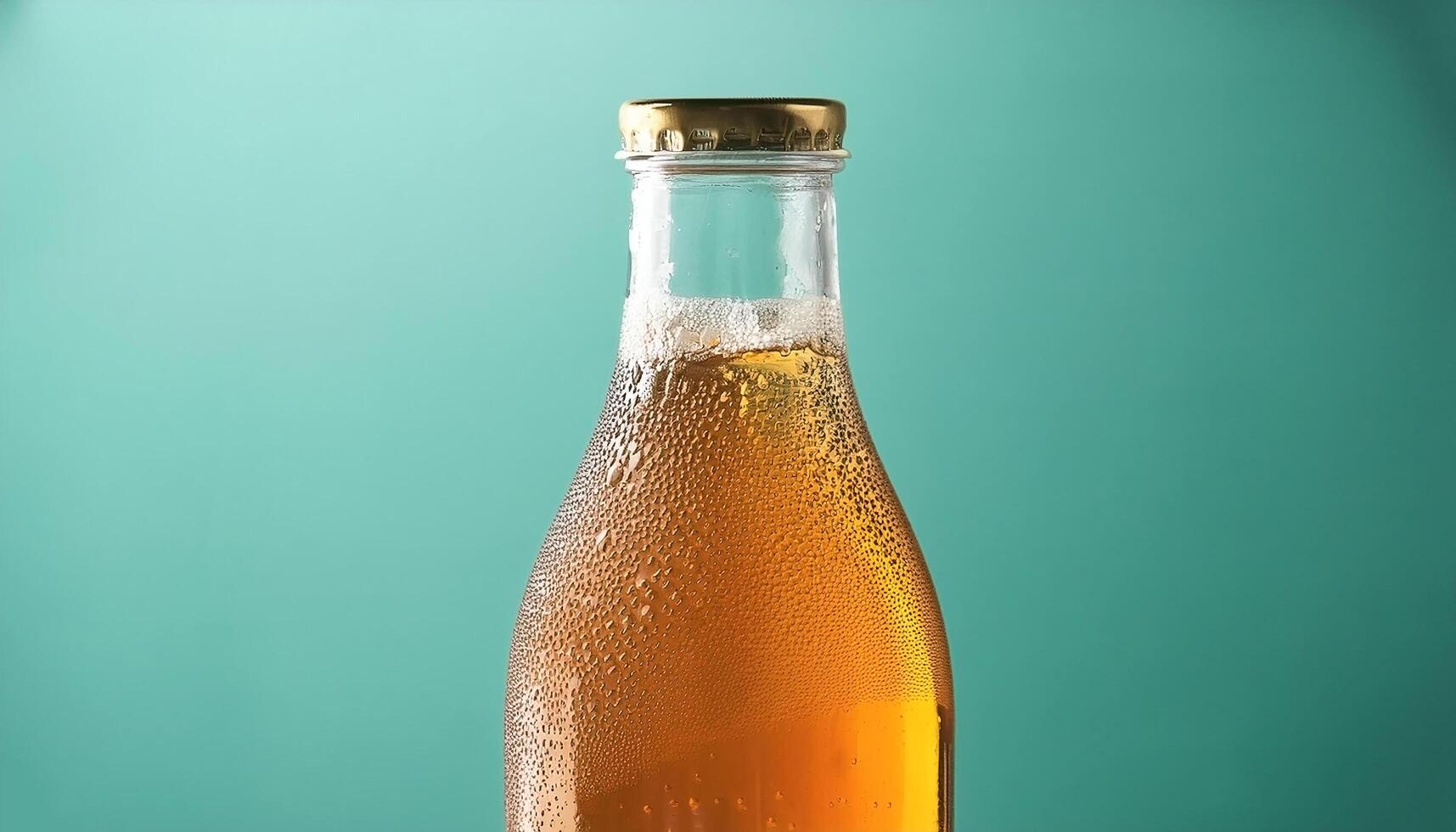 Kombucha bottle with bubbles inside, on pastel mint background photo