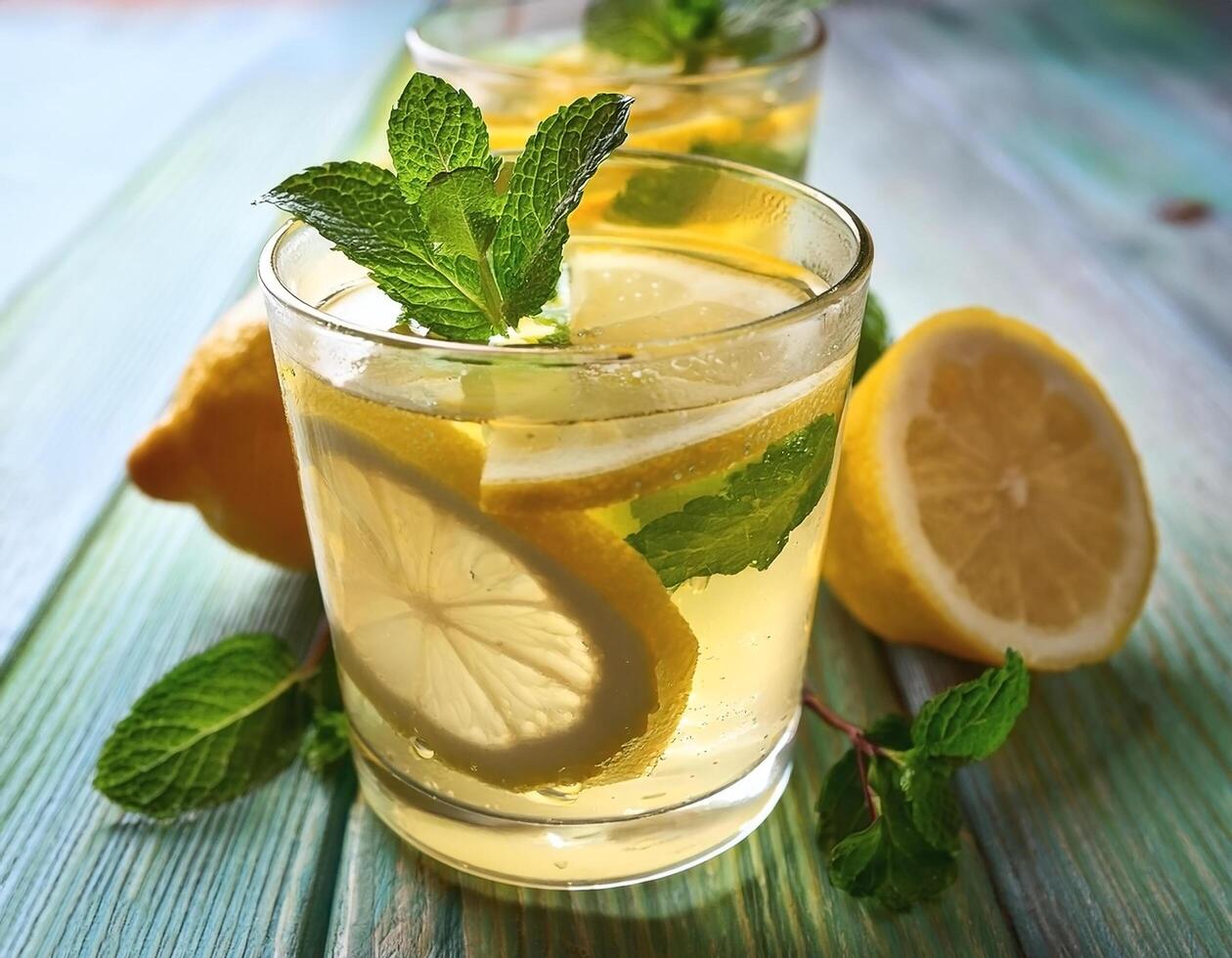 Lemonade with lemon slices and mint in a glass photo