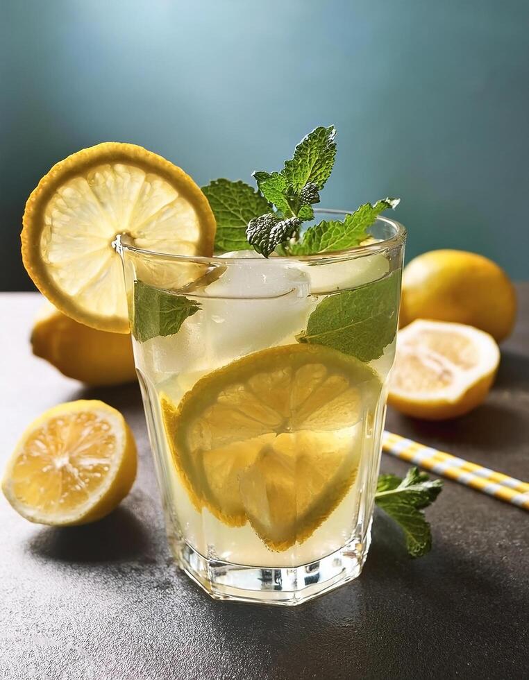 Lemonade with lemon slices and mint in a glass photo