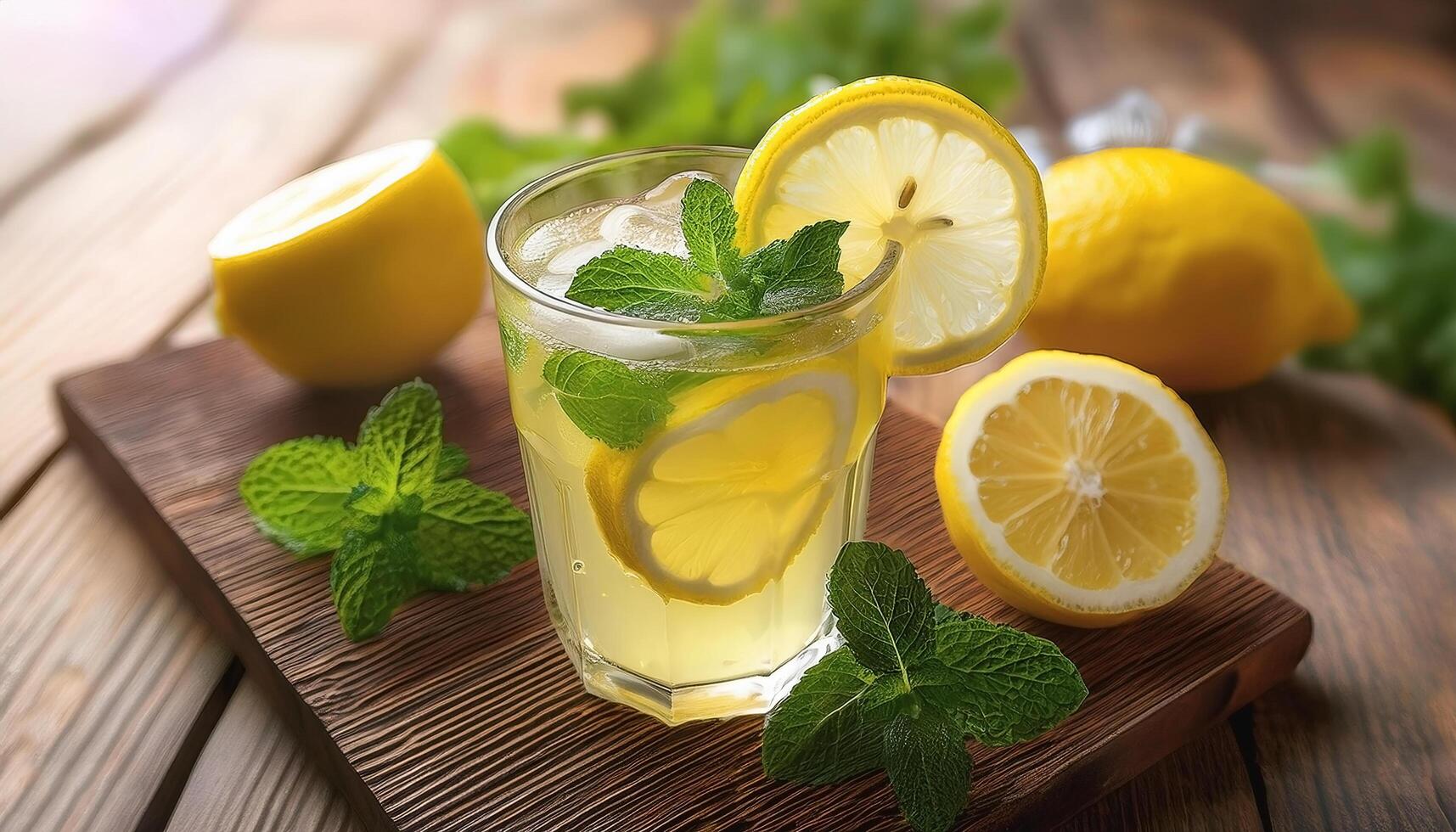 Lemonade with lemon slices and mint in a glass photo