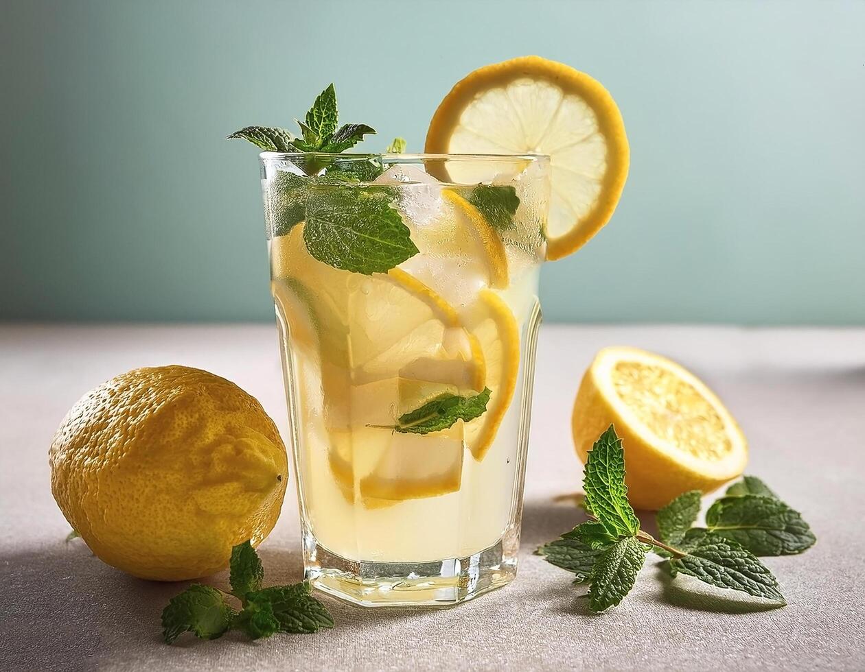 Lemonade with lemon slices and mint in a glass photo