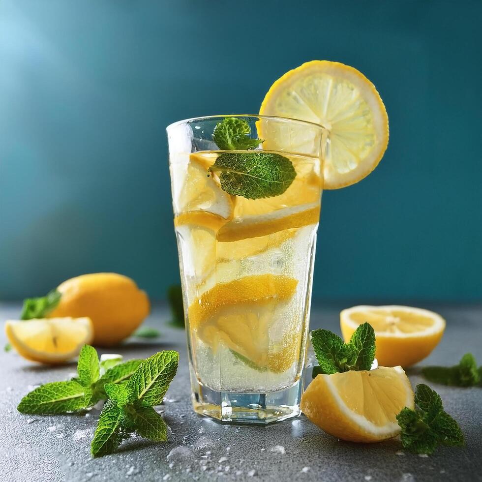 Lemonade with lemon slices and mint in a glass photo