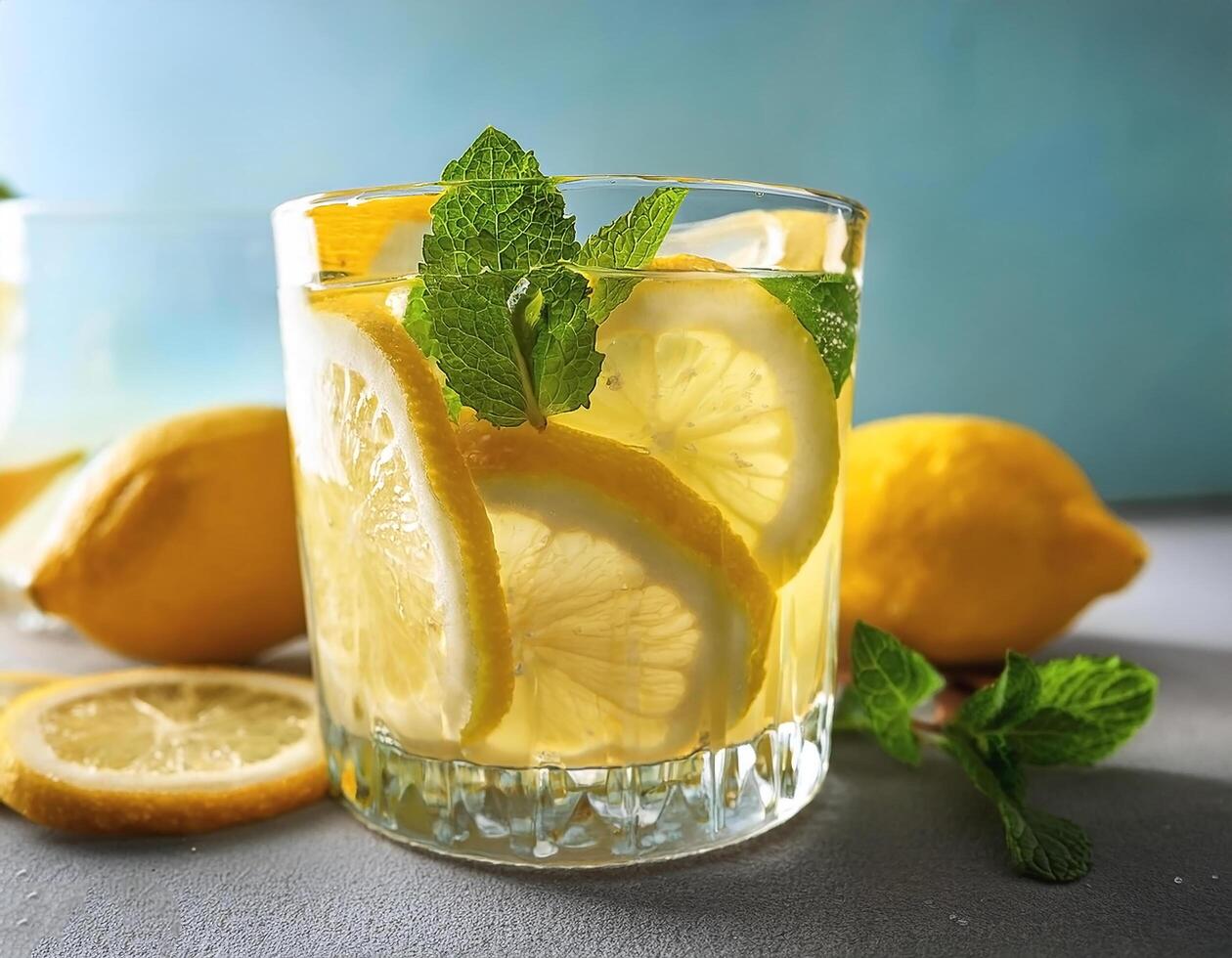 Lemonade with lemon slices and mint in a glass photo