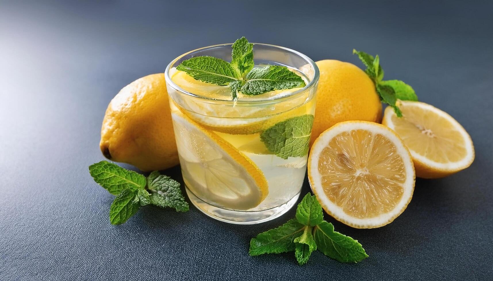 Lemonade with lemon slices and mint in a glass photo