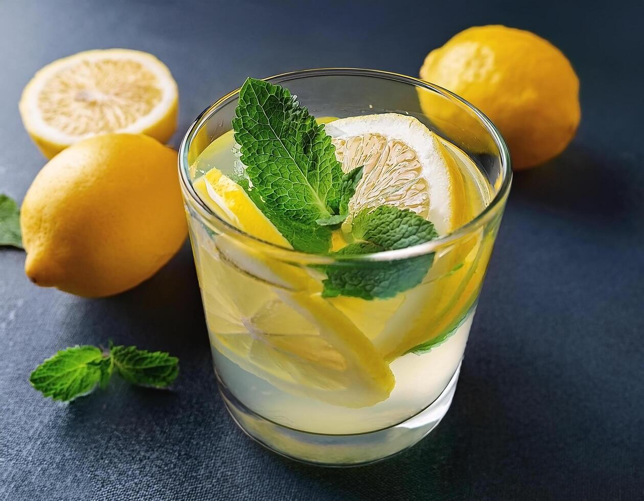 Lemonade with lemon slices and mint in a glass photo
