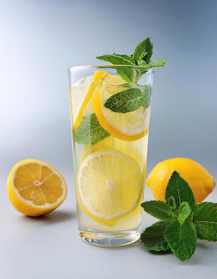 Lemonade with lemon slices and mint in a glass photo