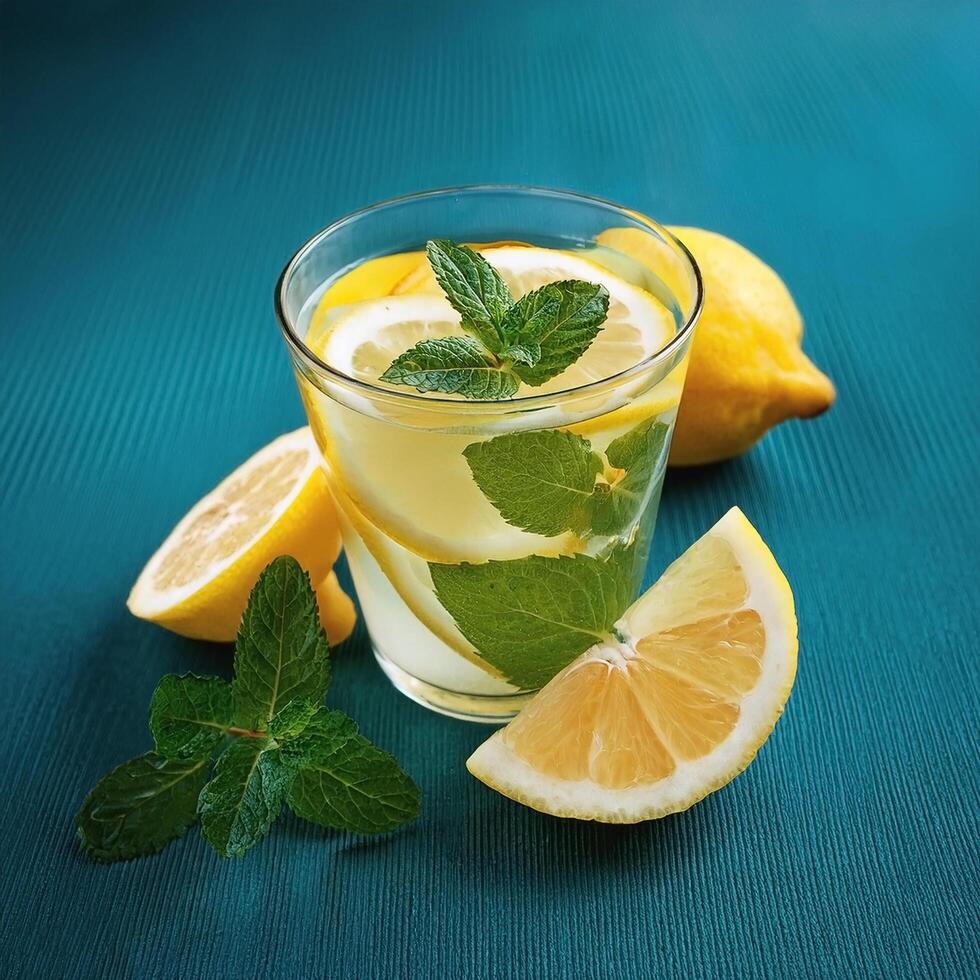 Lemonade with lemon slices and mint in a glass photo