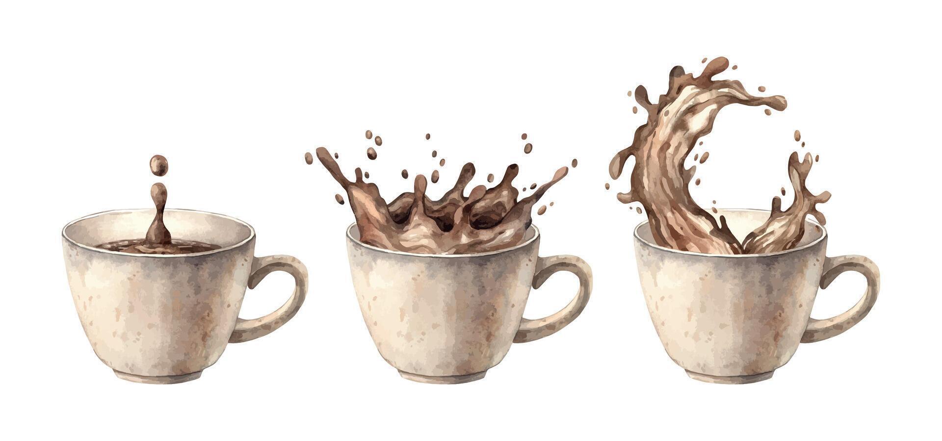 A mug of aromatic hot coffee with splashes. Watercolor set of illustrations with mugs on an isolated background. The drawing is suitable for decorating coffee shops, restaurants, menus, postcards. vector