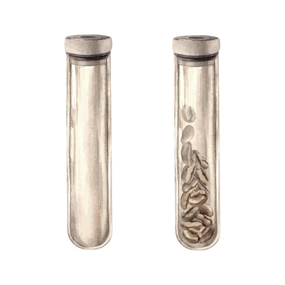 Glass long empty flask with lid and filled flask with roasted aromatic coffee beans. Watercolor set of isolated hand-drawn drawings. Suitable for decorating shops, cafes, banners, postcards. vector