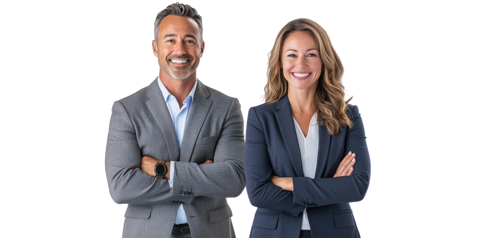 Business leader and IT manager smiling confidently in professional attire on transparent background png