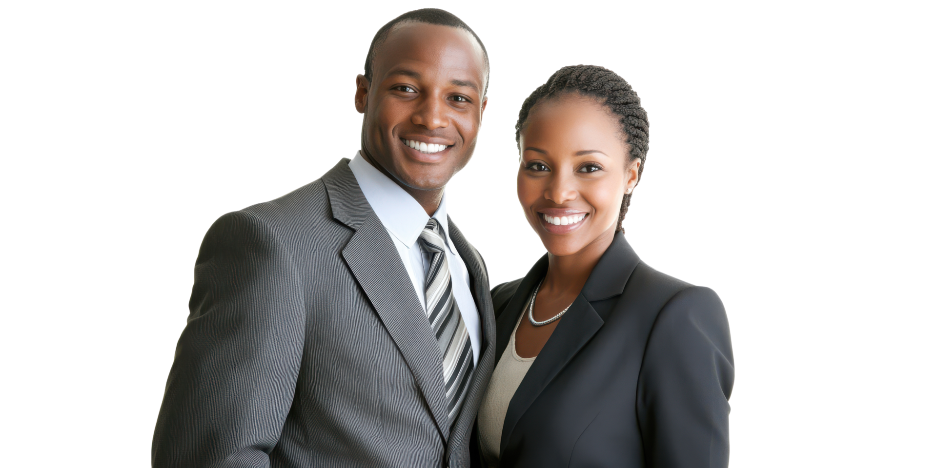 Confident business professionals smiling together in executive attire on a transparent background png