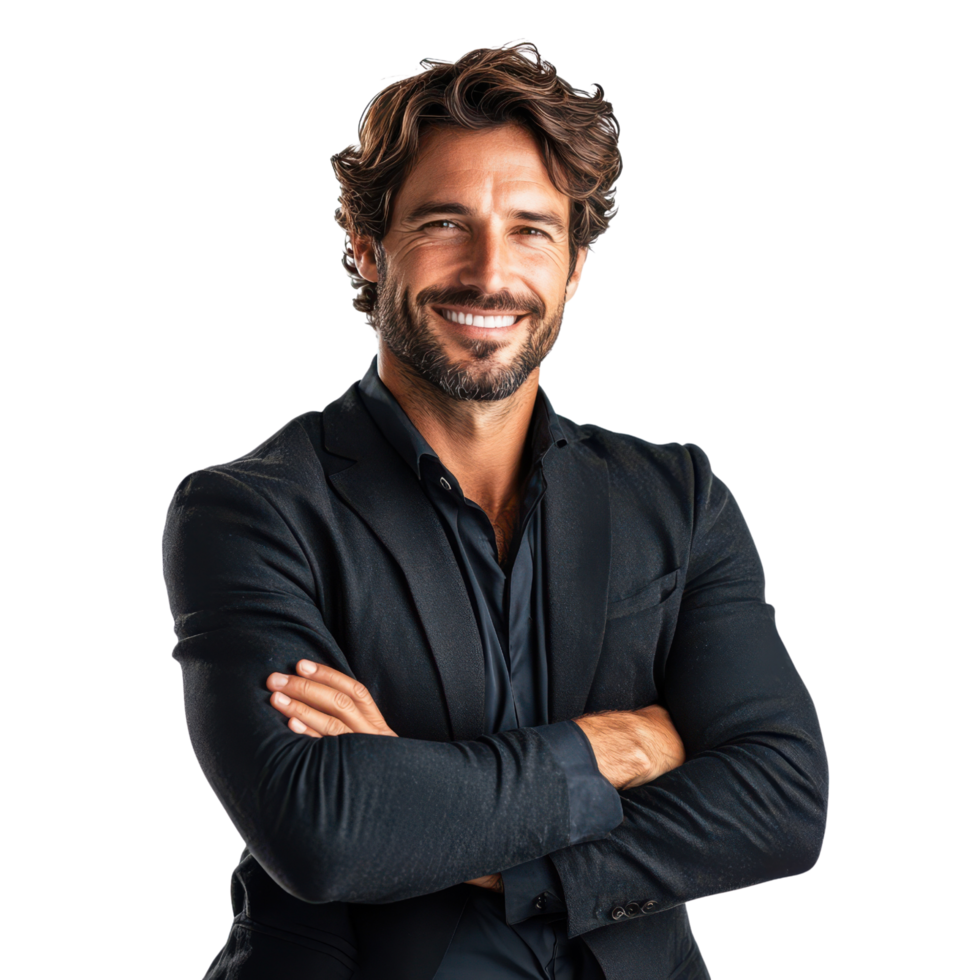 confiante empreendedor em pé com guardada braços e profissional sorrir em transparente fundo png