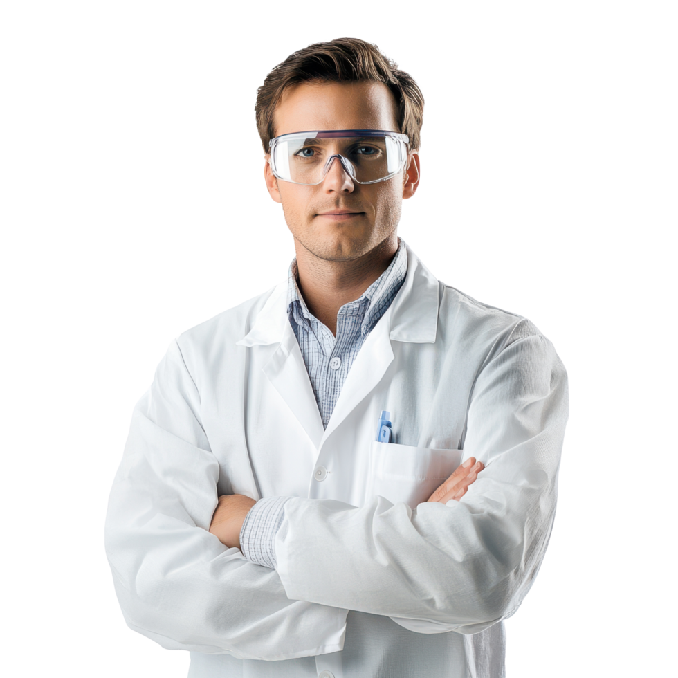 Scientist wearing lab coat and safety goggles showcasing success on transparent background png