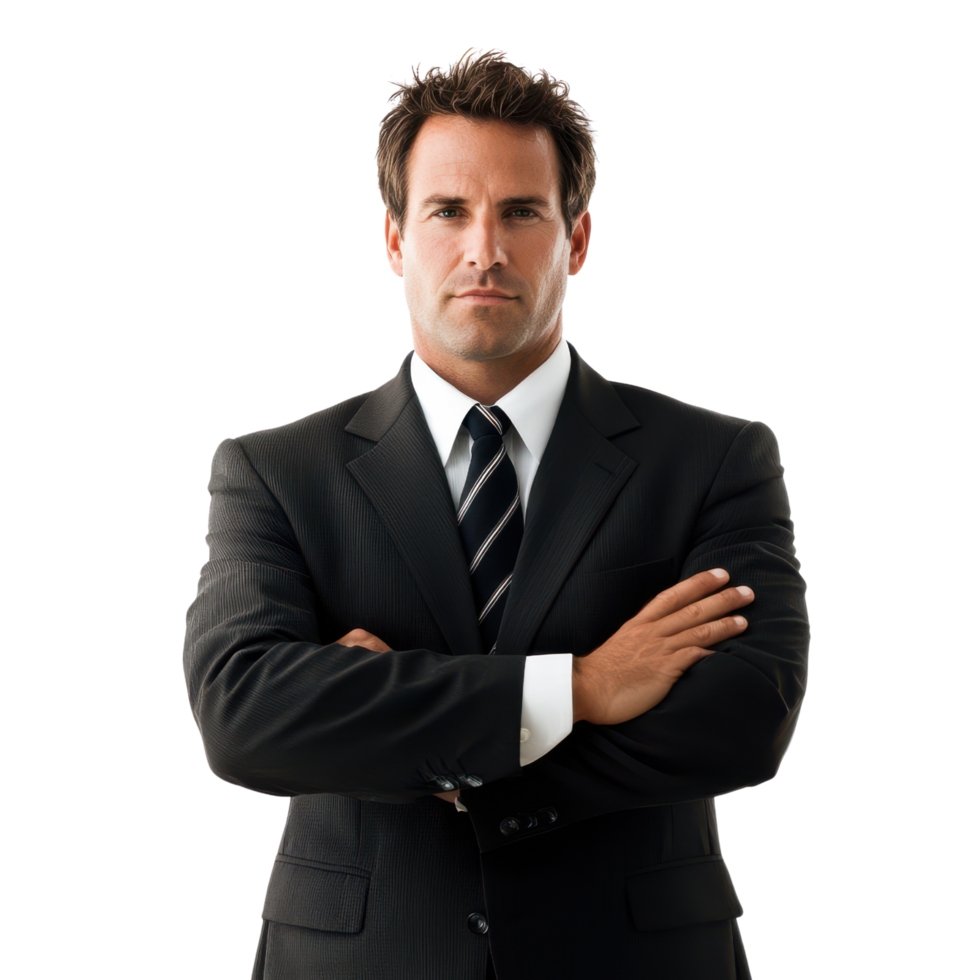 Professional consultant in business suit with arms crossed, transparent background png