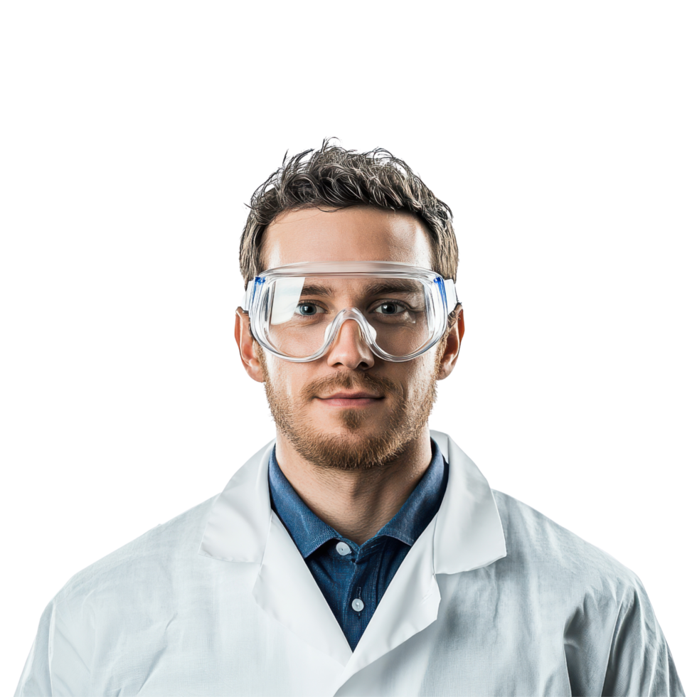 Scientist standing confidently in lab coat with safety goggles reflecting success, transparent background png