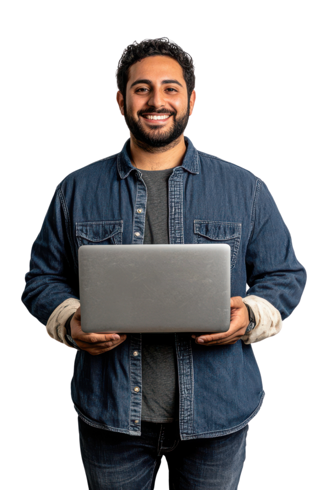 Skilled software developer with a laptop in hand showing confidence on transparent background png
