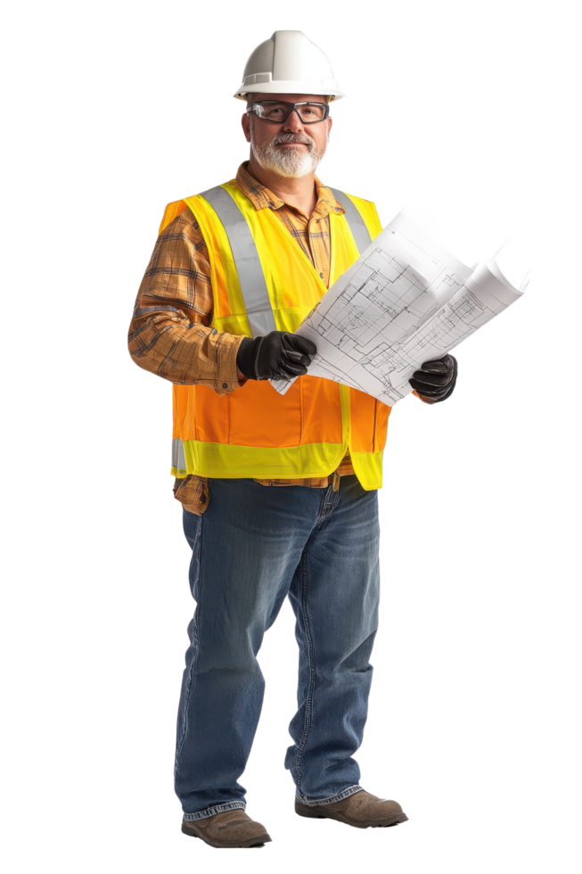 Confident construction manager holding blueprints in safety gear on transparent background png