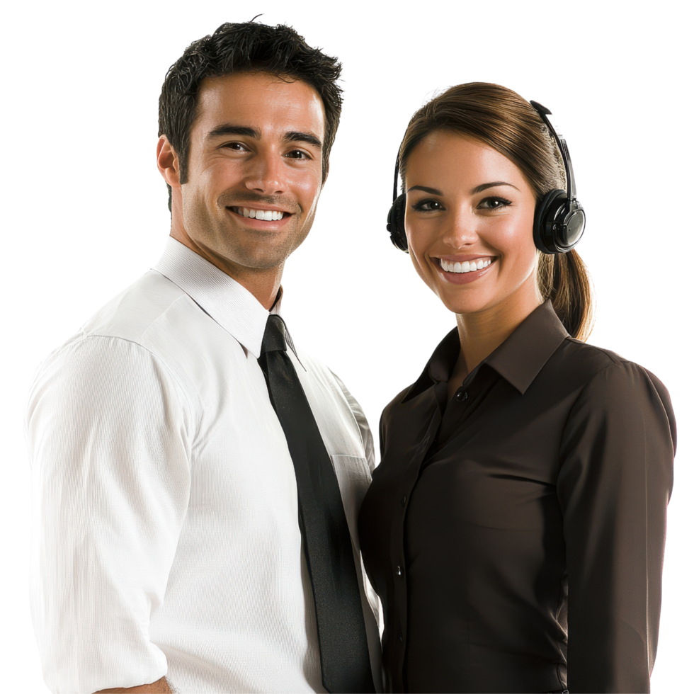Confident business couple in professional attire reflecting teamwork on a transparent background png