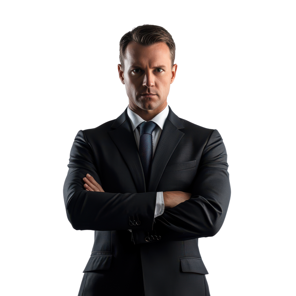 Public administrator posing confidently in a business suit on transparent background png