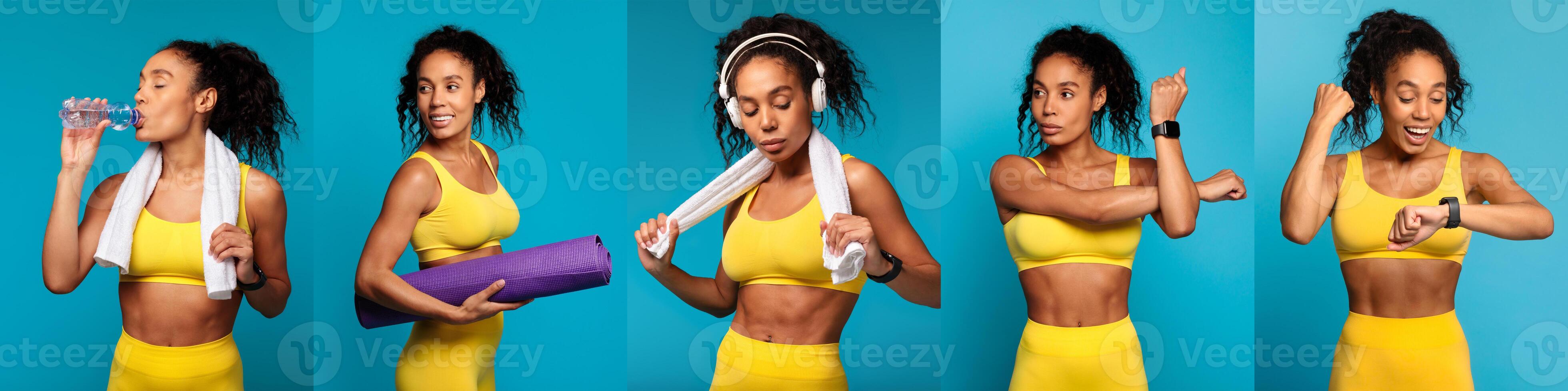 A young African American woman in a yellow workout outfit is captured while drinking water, stretching with a yoga mat, adjusting her towel, and checking her fitness tracker. photo