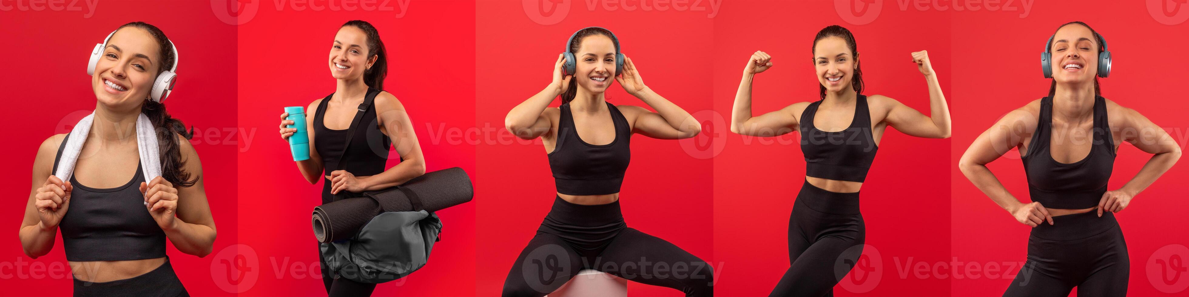 A cheerful woman wearing comfortable activewear engages in various fitness activities, showing enthusiasm and energy while using headphones and workout gear in front of a vibrant red backdrop. photo