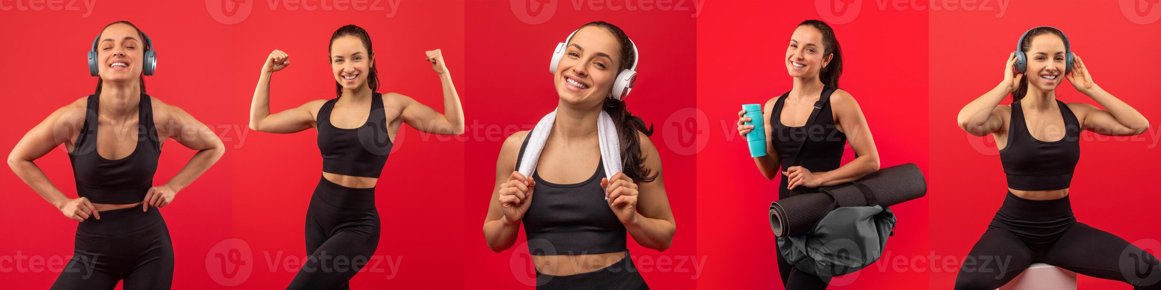 A young woman showcases her upbeat workout attitude in a studio with a red background. She smiles confidently with headphones on, promoting a healthy, energetic lifestyle. photo