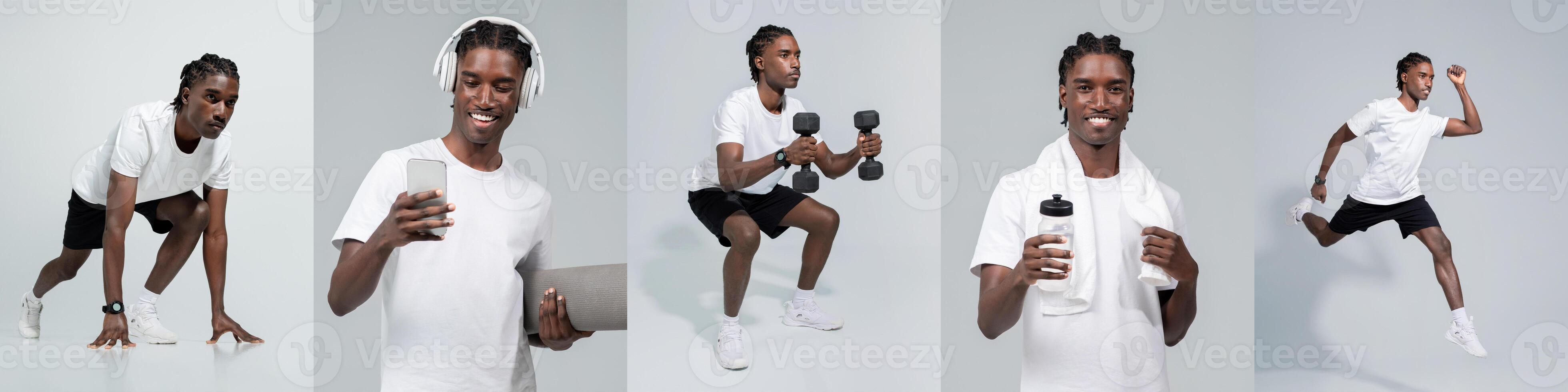 A young African American man is seen engaging in several fitness activities indoors, including using weights, running in place, and checking his phone, all while wearing casual sportswear. photo