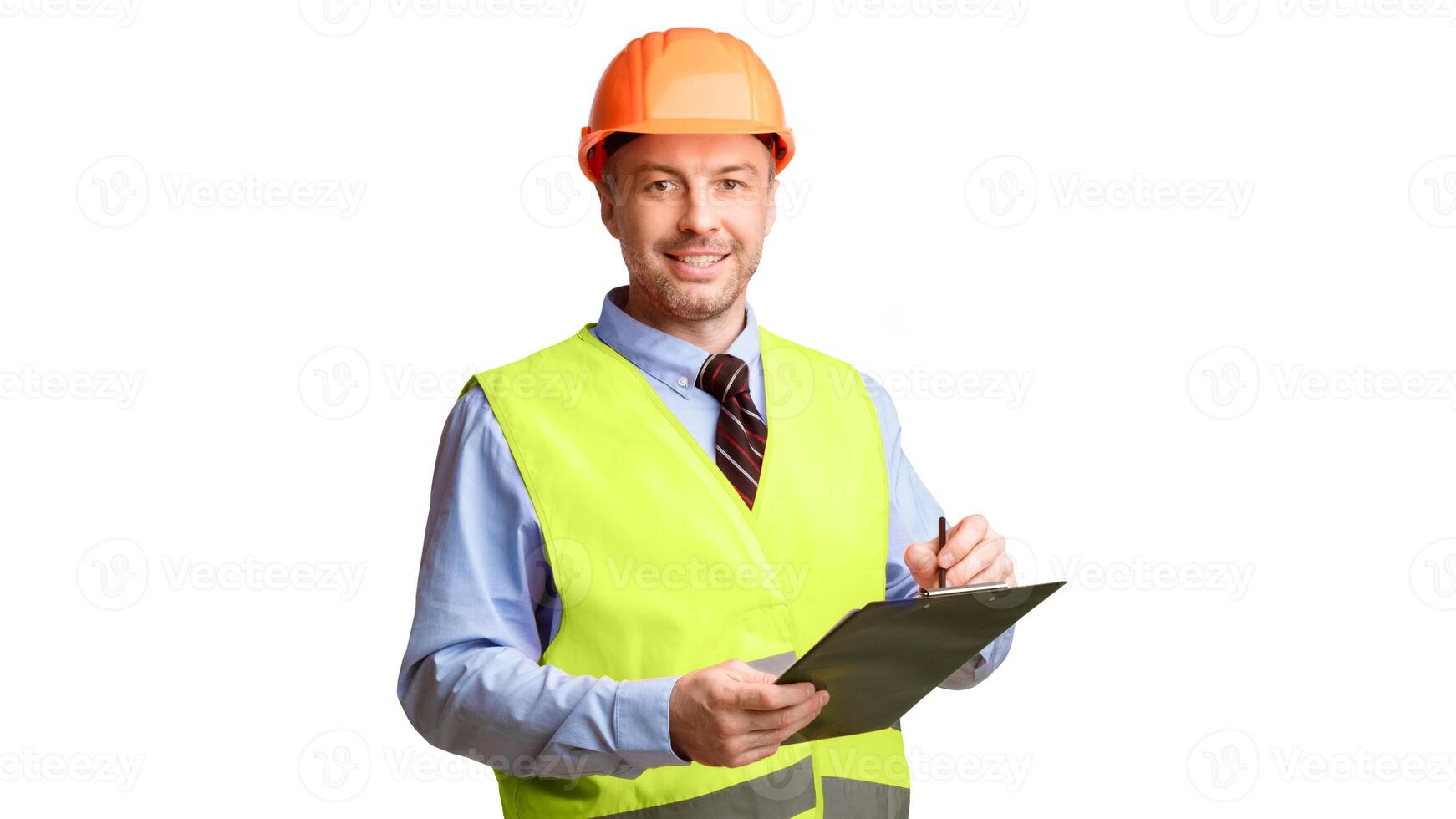 Professional Builder Worker Standing Holding Folder With Labor Contract On White Studio Background, Smiling To Camera. Building Documentation, Job Employment Offer Concept. Panorama photo