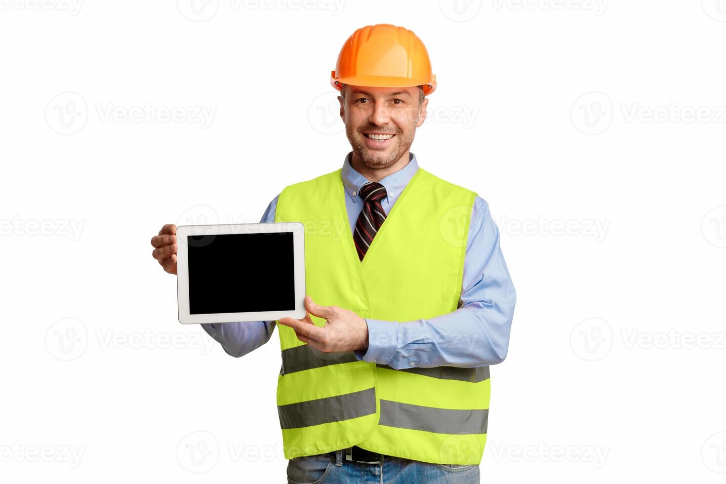 Construction Worker Holding Tablet With Blank Screen Advertising Building Industry Services Posing On White Background. Studio Shot, Mockup photo