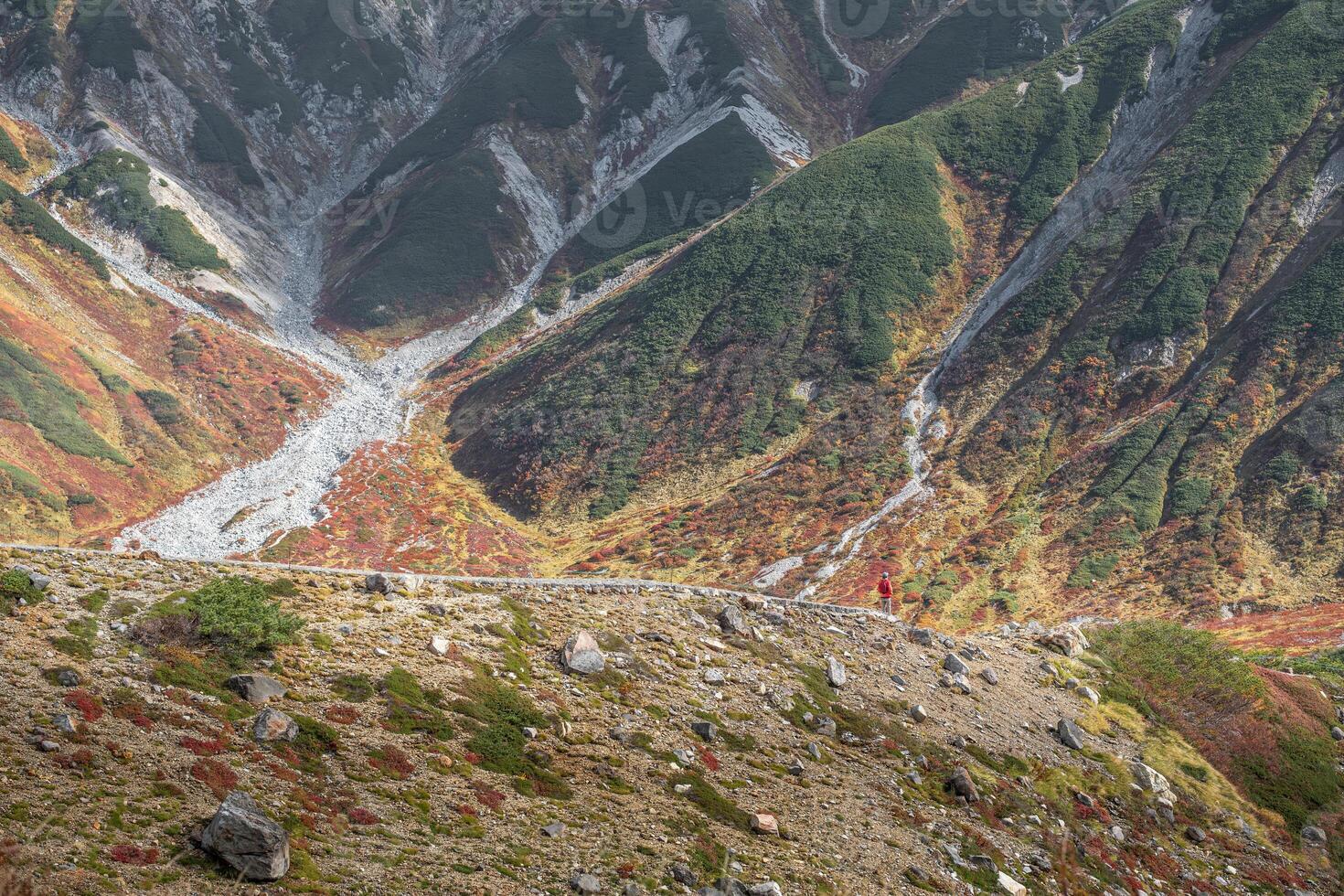 Murodo, Tateyama Kurobe Alpine Route, Japan, A stunning landscape showcasing a mountainous area with vibrant colors, rocky formations, and lush greenery photo