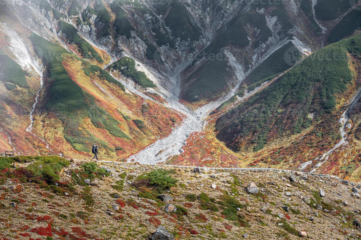 Murodo, Tateyama Kurobe Alpine Route, Japan, A serene mountain landscape features vibrant foliage and rocky terrain photo