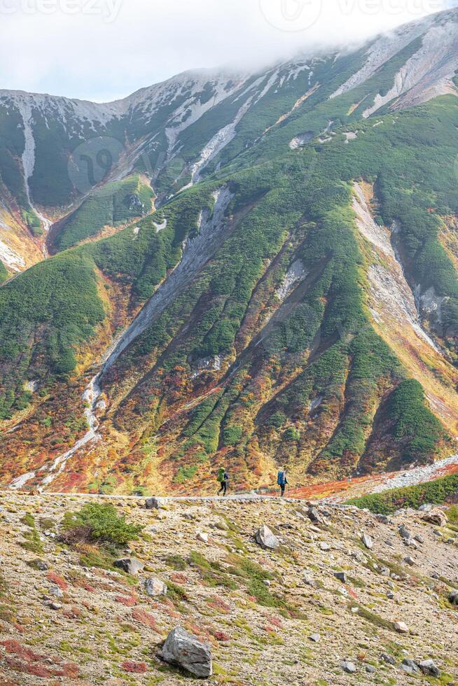 Murodo, Tateyama Kurobe Alpine Route, Japan, A stunning view of rugged mountains with colorful foliage photo