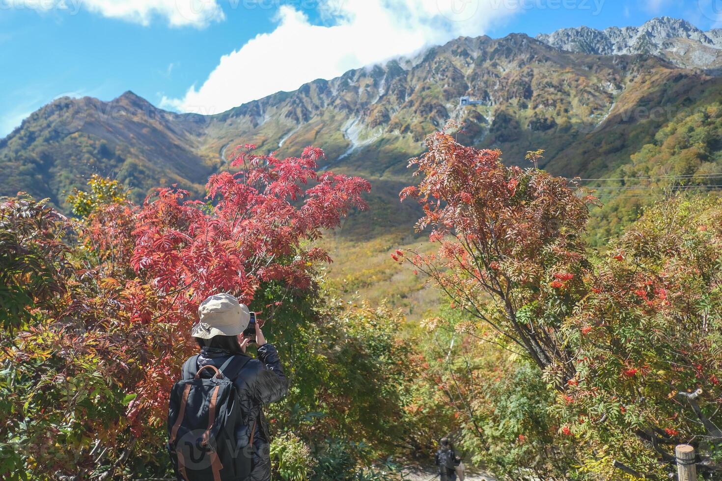 Kurobedaira Station, Tateyama, Toyama, Chubu, Japan, A hiker captures the beauty of vibrant autumn foliage against a backdrop of majestic mountains under a clear blue sky. photo