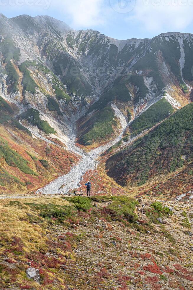 Murodo, Tateyama Kurobe Alpine Route, Japan, A lone figure stands amidst vibrant autumn foliage and rugged mountains photo