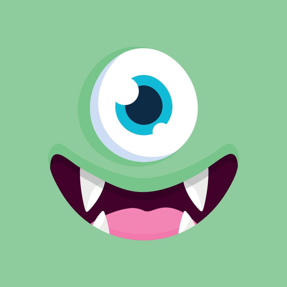 Cute cartoon one eyed monster face background. Funny smiling monster face in childish style on green background vector
