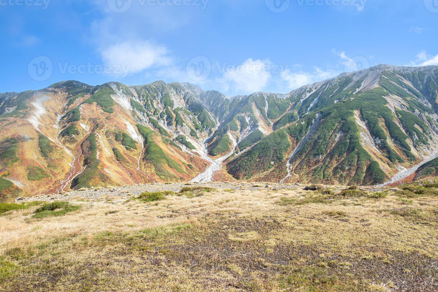 Murodo, Tateyama Kurobe Alpine Route, Japan, Majestic mountains with green slopes and rocky peaks under a clear blue sky photo