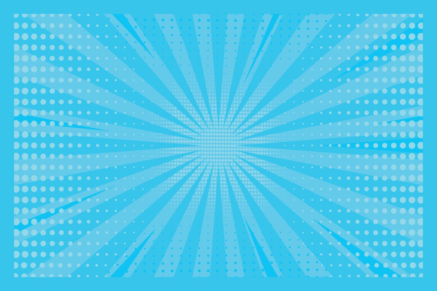Pop art blue comic background with sun rays and dots. Retro style vector