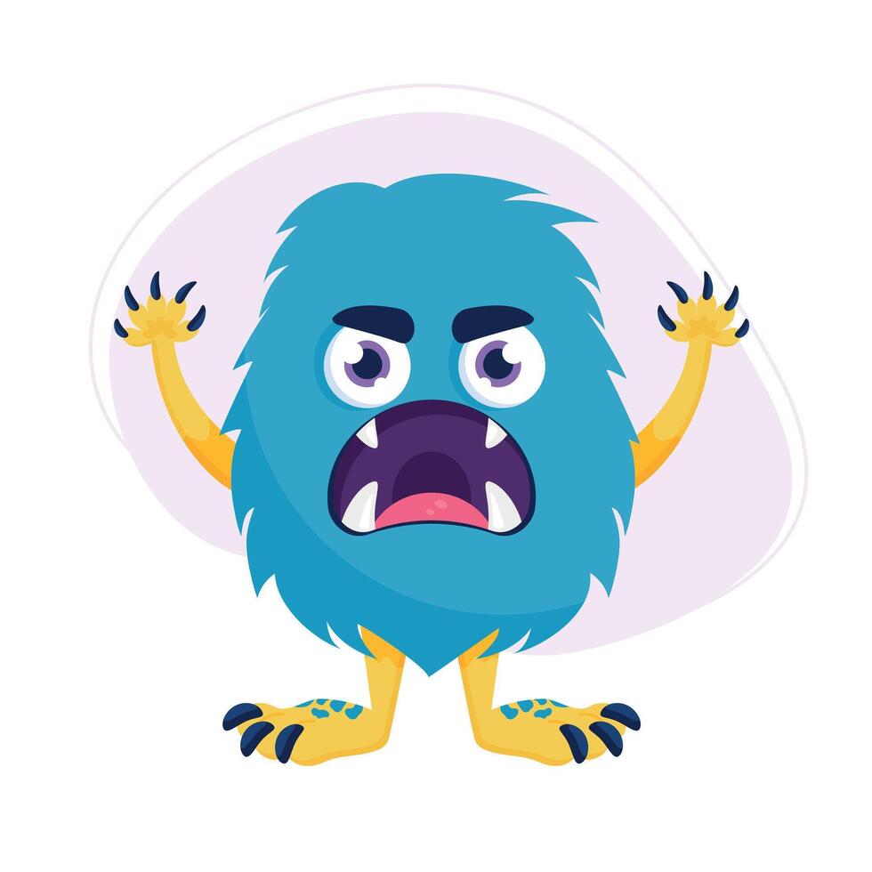 Cute cartoon angry monster. Funny blue fluffy creature in childish style isolated on white background vector