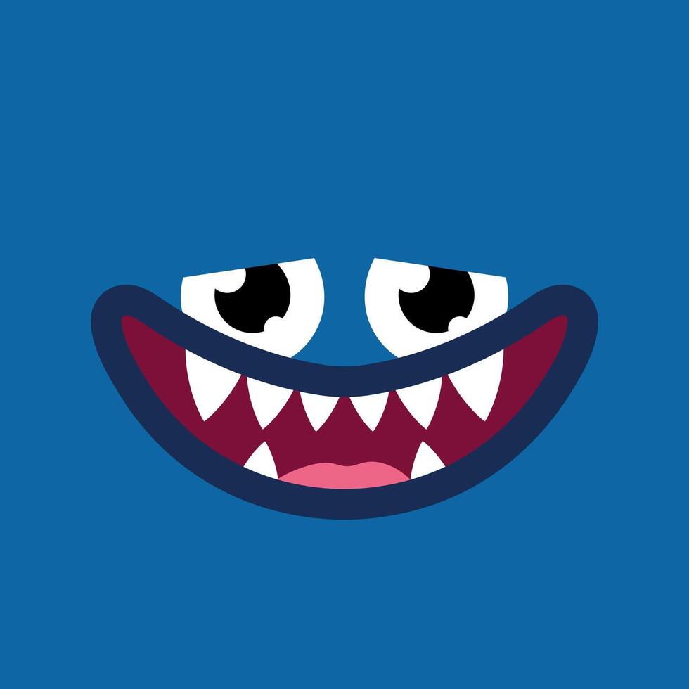Cute cartoon monster face background. Funny sad monster face in childish style on blue background vector