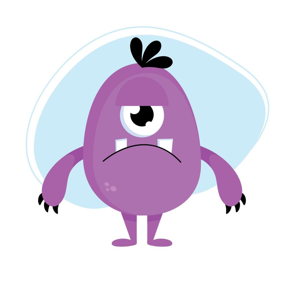 Cute cartoon sad monster. Funny purple creature in childish style isolated on white background vector