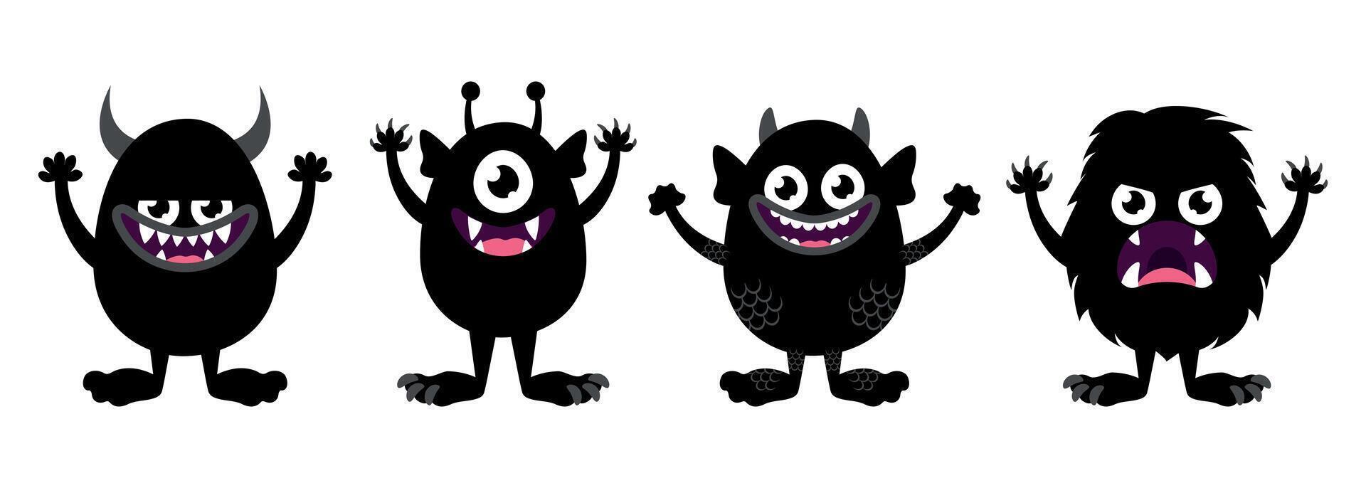 Cute cartoon monsters set isolated on white background. Funny black creatures in childish style vector