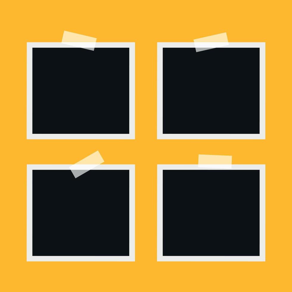 Photo frames stuck with sticky tape on the wall. Blank photographs set vector