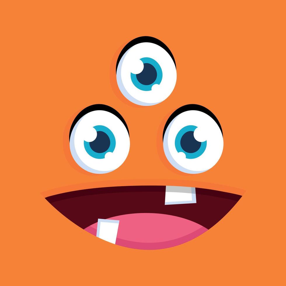 Cute cartoon three eyed monster face background. Funny monster face in childish style on orange background vector