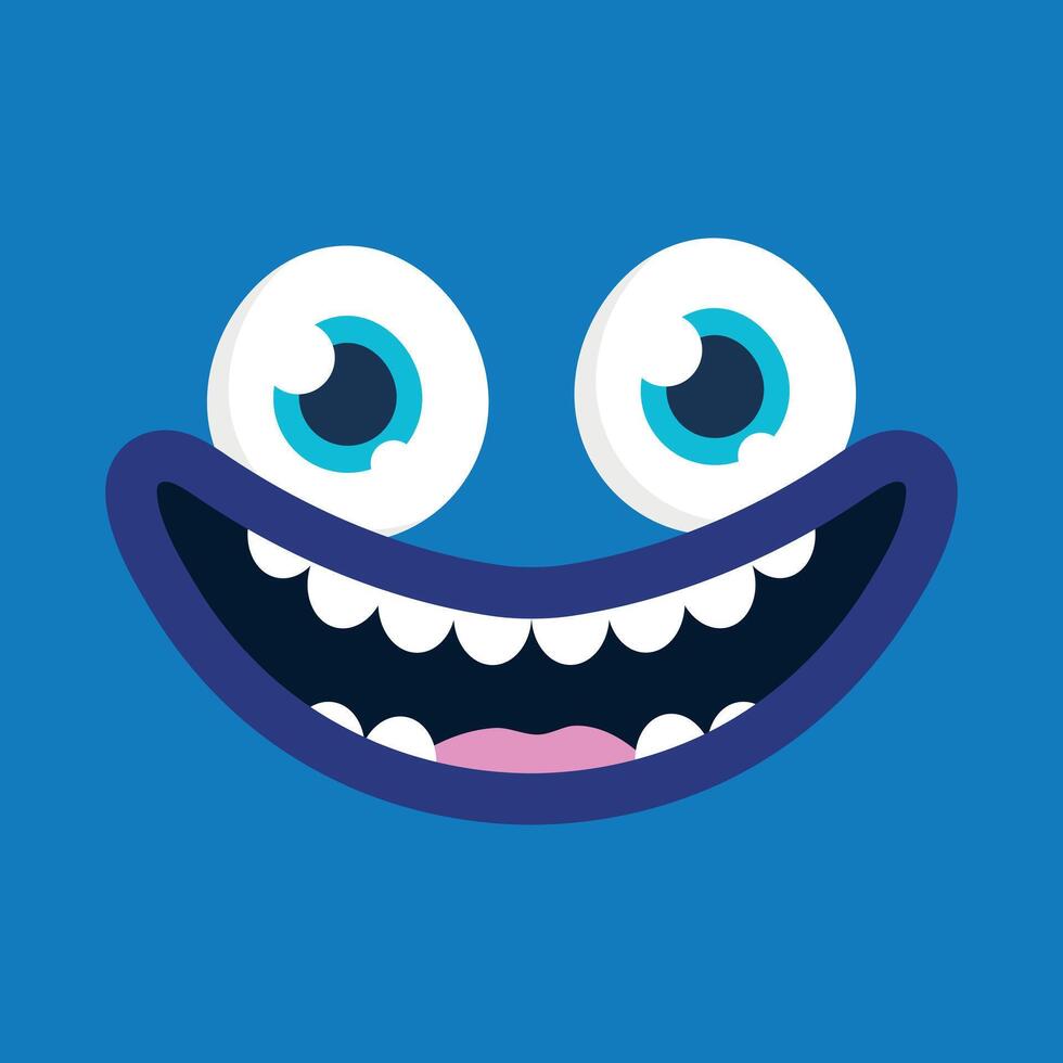 Cute cartoon monster face background. Funny monster face in childish style on blue background vector