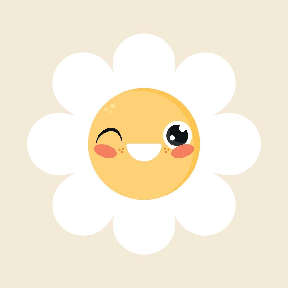 Cute cartoon daisy flower character in childish style is winking. Happy flower icon in flat design vector