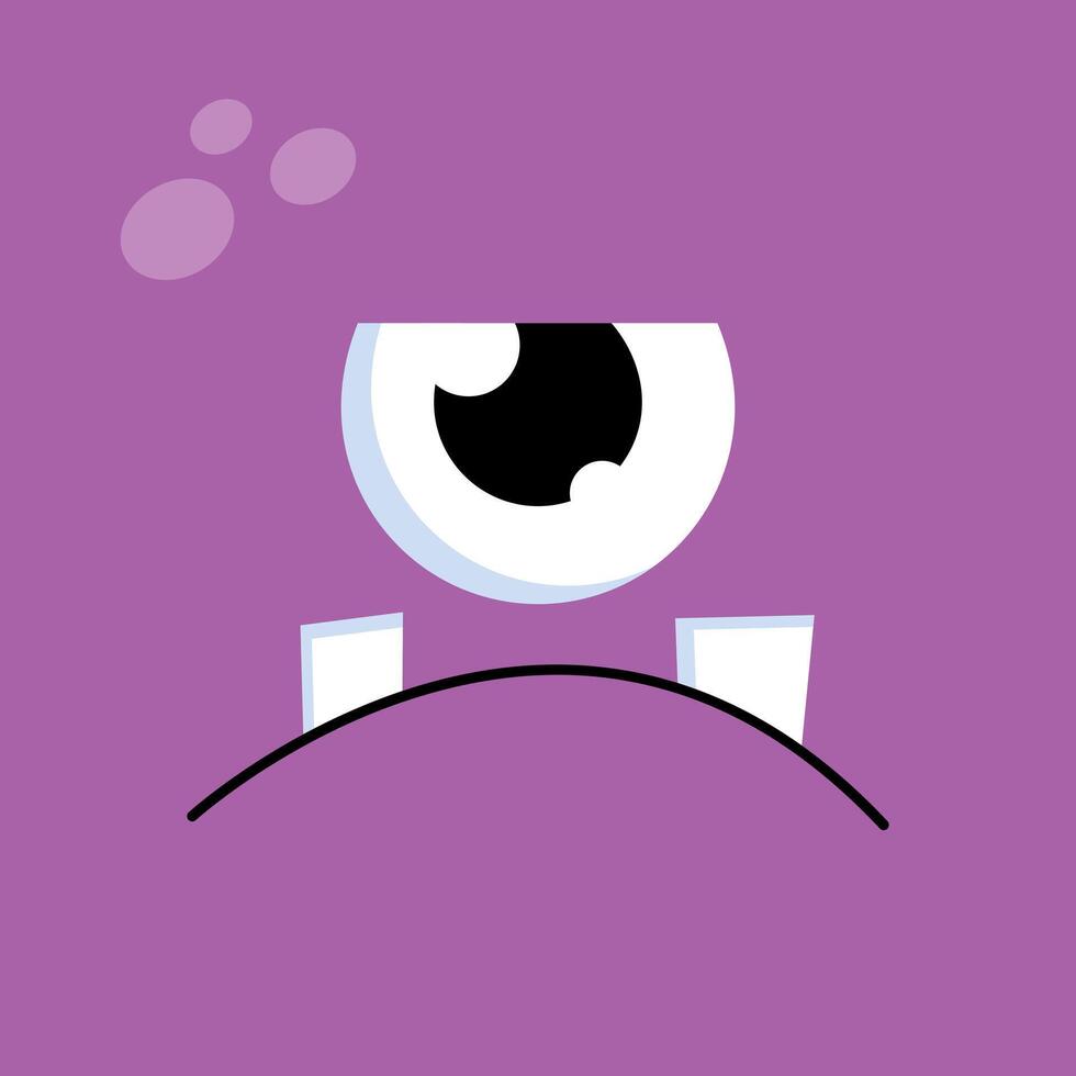 Cute cartoon one eyed monster face background. Funny sad monster face in childish style on purple background vector