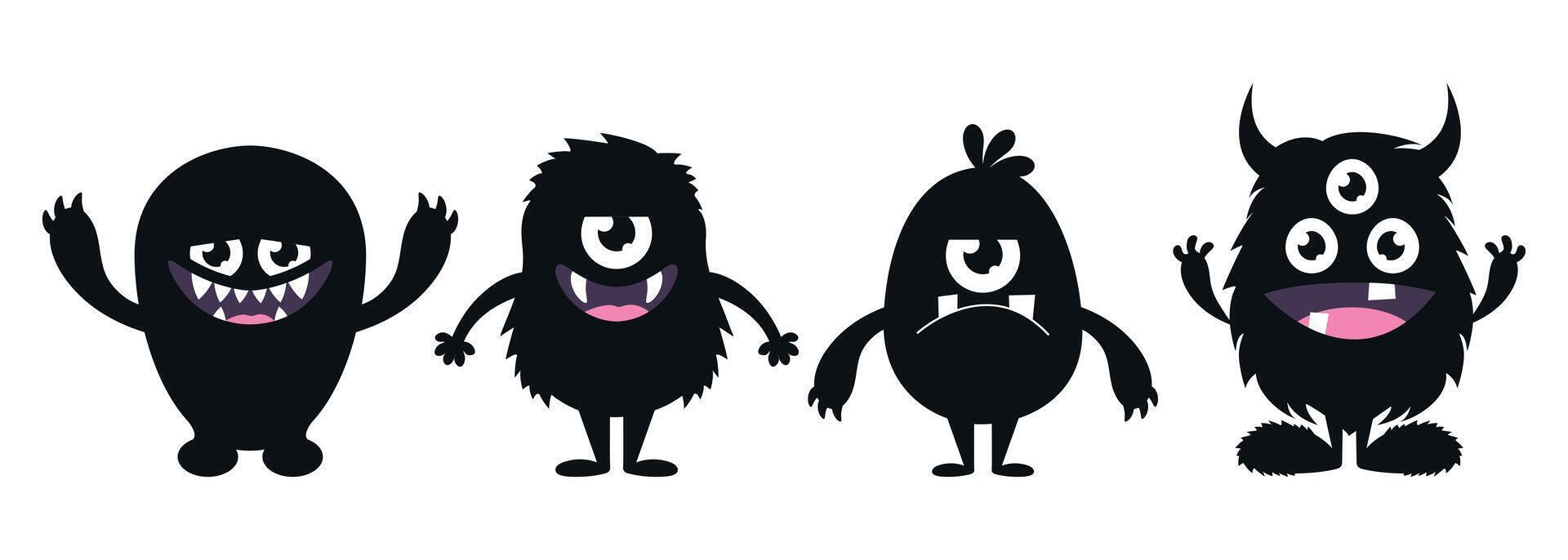 Cute cartoon monsters set. Funny black creature silhouettes in childish style vector