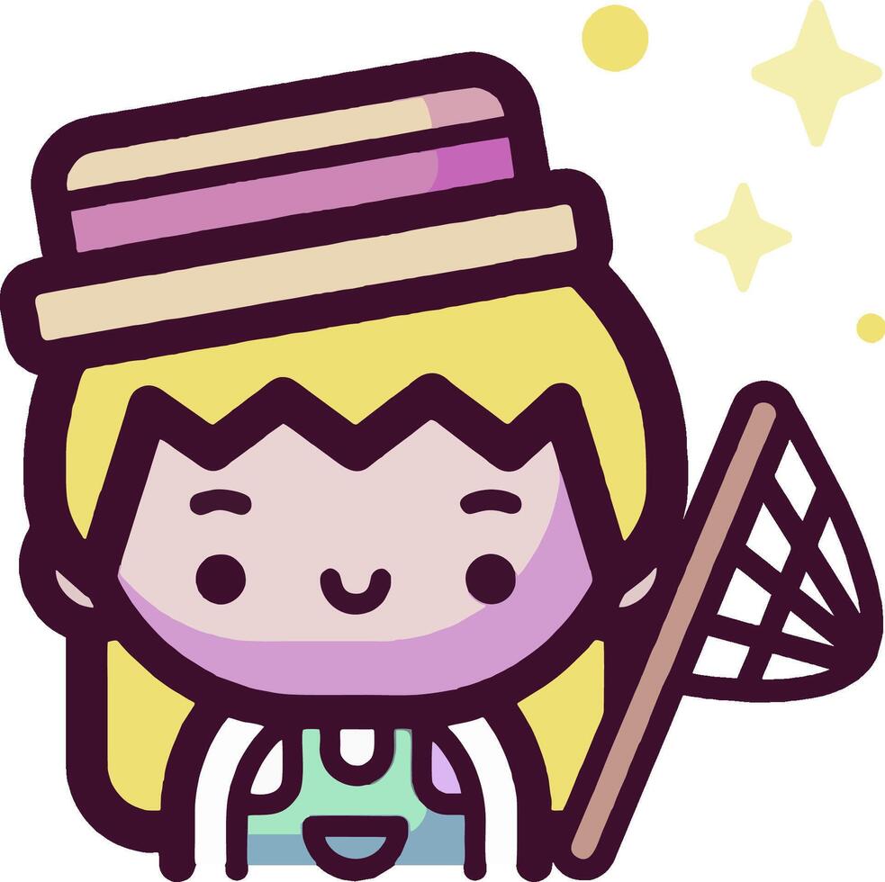 A cartoon girl holding a net and a hat vector