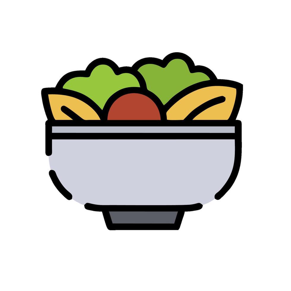 A bowl of vegetables and fruit in a flat line vector