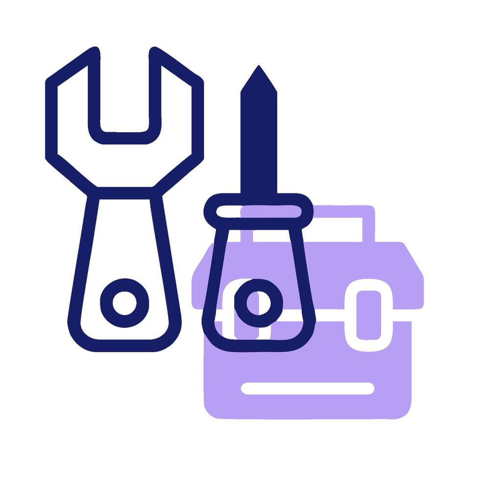 A toolbox and wrenches are shown in a purple and blue outline vector